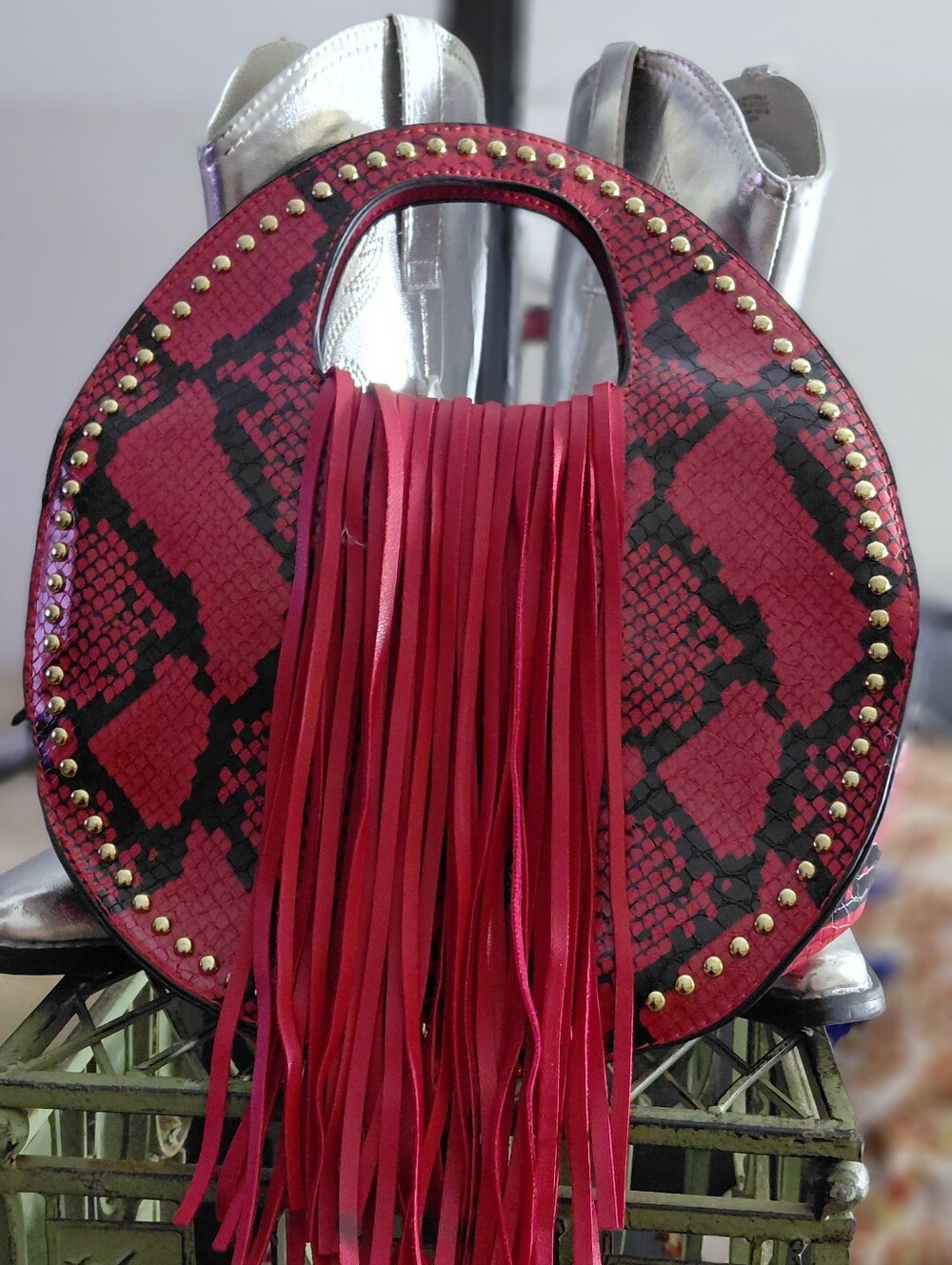 Red Snake-Print Fringe Circle Bag - Unbranded